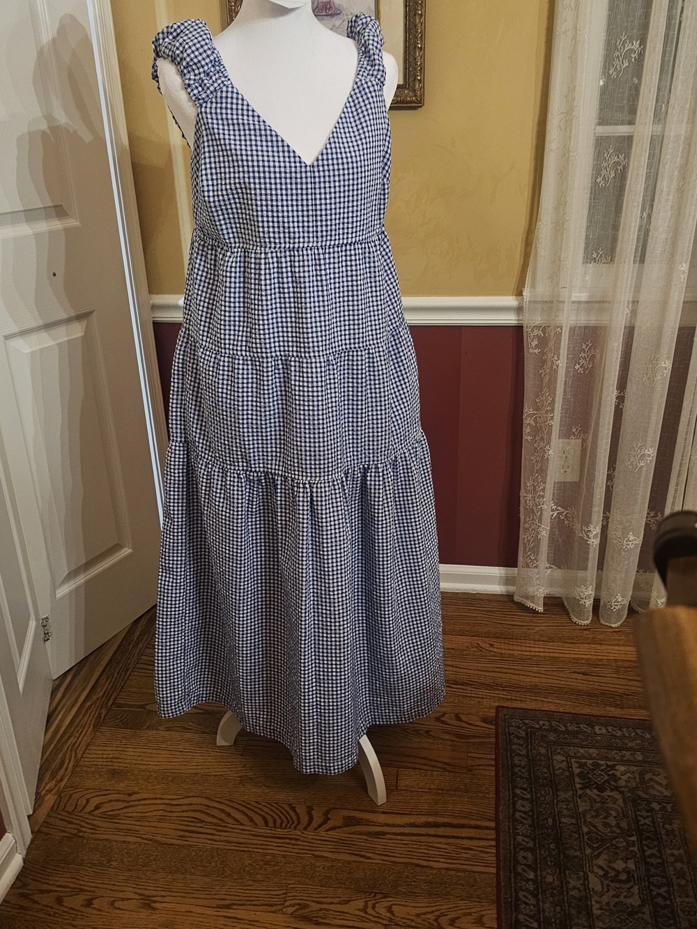 Old Navy Blue and White Gingham Tiered Maxi Dress